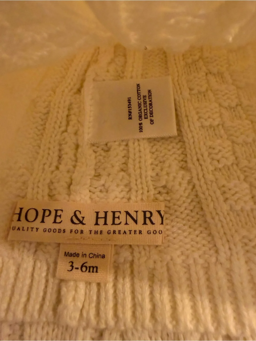 Hope & Henry Baby 100% Organic Cotton Cable Knit Romper Ivory 3-6M